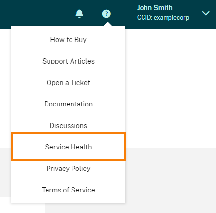 Citrix Cloud service health help menu