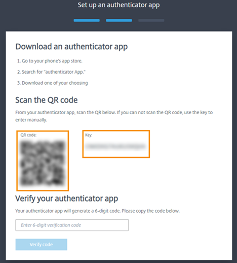 Download authenticator app screen with QR code and key highlighted