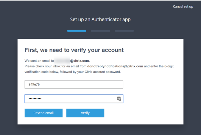 確認コードとパスワードの入力が表示されたアカウント確認ページ