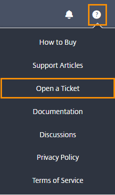 Citrix Cloud Help icon with Open a Ticket menu option highlighted