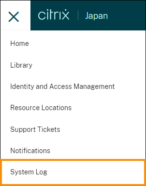 Citrix Cloud menu with System Log highlighted