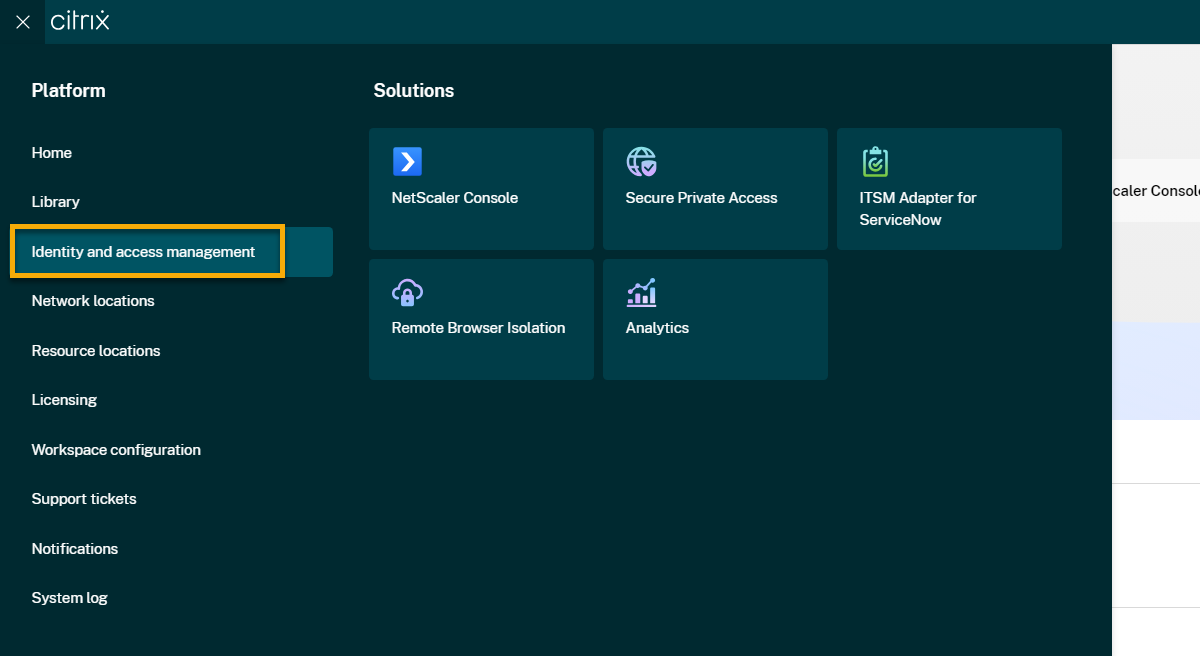 Console Citrix Cloud avec option de menu Gestion des identités et des accès sélectionnée