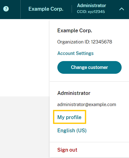 Account menu with My profile highlighted