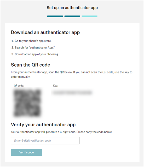 Écran de téléchargement d'application d'authentification avec le code QR et la clé en surbrillance