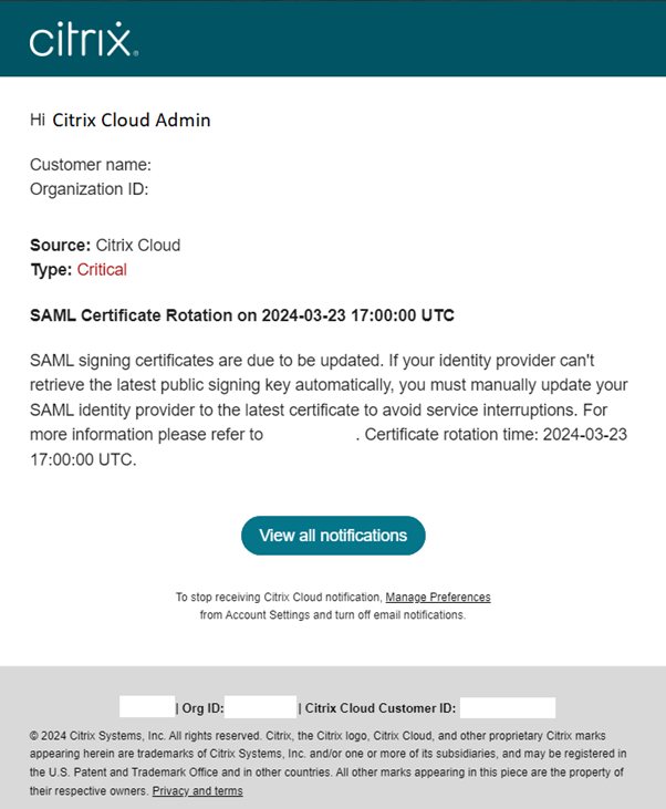 Notificación en la consola de Citrix Cloud