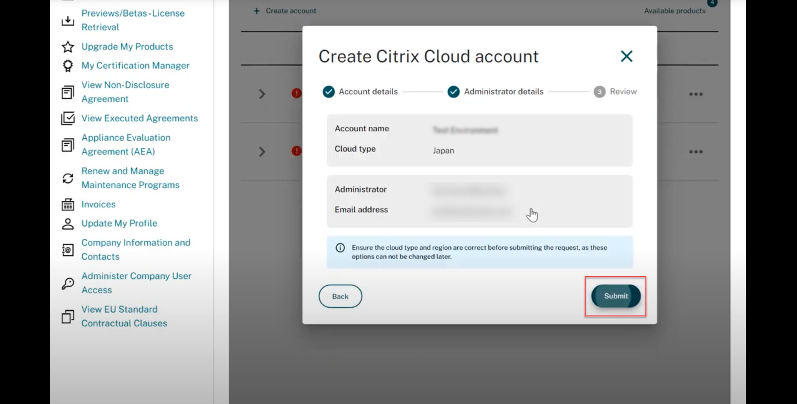 Verify Cloud account admin details