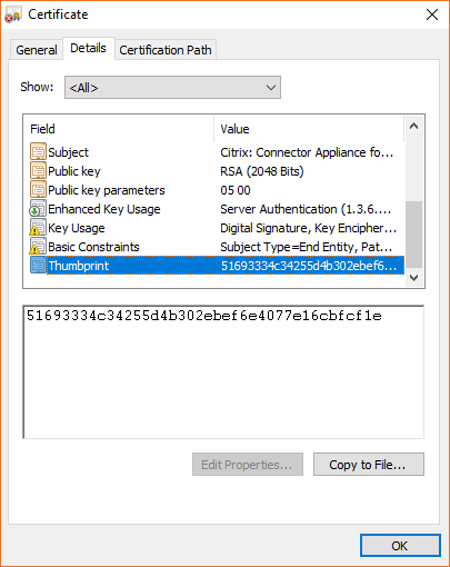 Der SSL-Fingerabdruck des Connectorgeräts in einem Dialogfeld im Chrome-Browser.