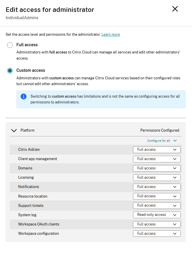 Citrix Cloud access permissions with Custom access highlighted