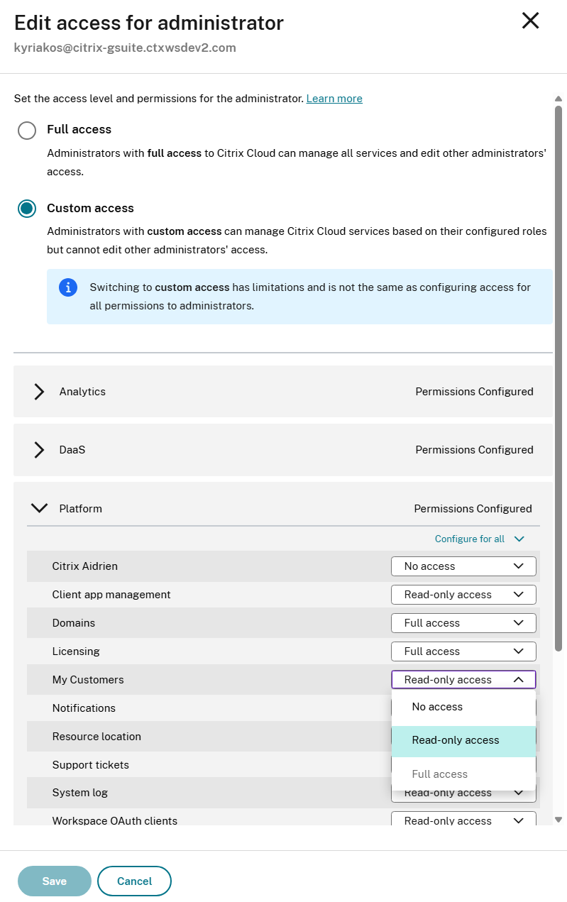 Custom access administrator permissions with category and Customer Dashboard highlighted