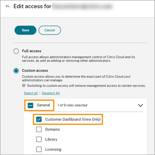 Custom access administrator permissions with category and Customer Dashboard highlighted