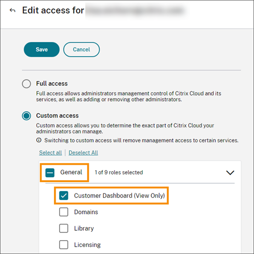 Permisos de administrador con acceso personalizado con categoría y panel de mandos del cliente resaltados