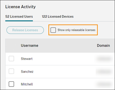 Sección Actividad de licencias con Mostrar licencias que se pueden liberar resaltado
