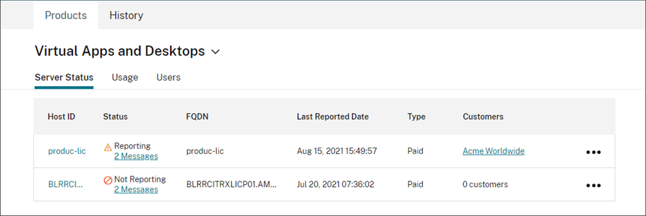 Seite "Produkte" mit ausgewählter Registerkarte "Serverstatus" in der License Usage Insights-Konsole