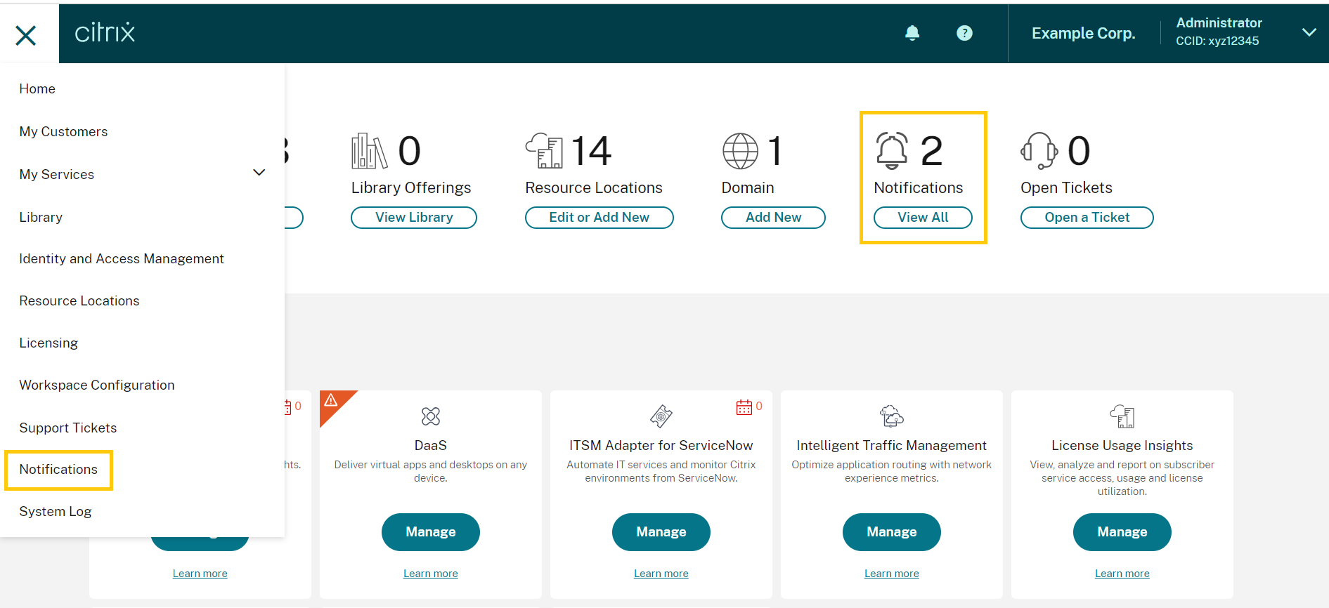 Citrix Cloud console with Notifications menu selected