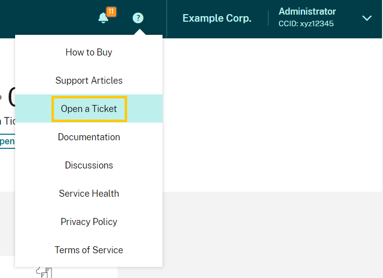 Citrix Cloud Help icon with Open a Ticket menu option highlighted