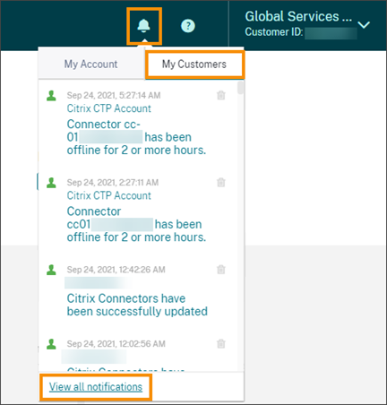 Notifications with My Customers and View all notifications highlighted
