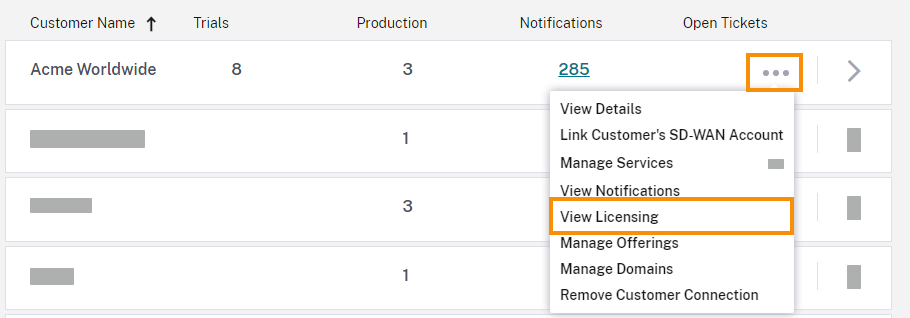 Customer dashboard with licensing menu selected