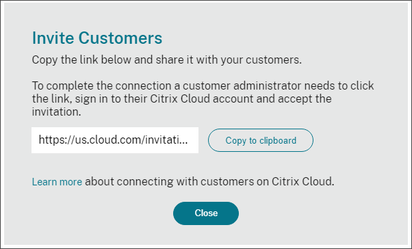 Invite Customers dialog in Citrix Cloud console