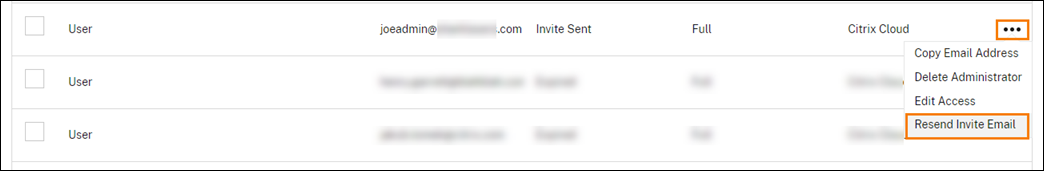 Console Citrix Cloud avec option Renvoyer e-mail d'invitation en surbrillance