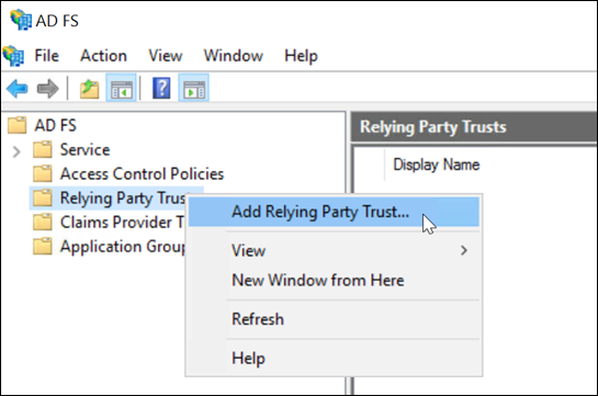 Add Relying Party Trust menu option