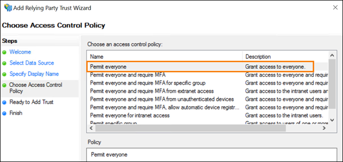 ADFS Trust Wizard with access control policy highlighted