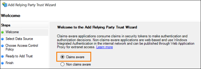  ADFS Trust Wizard with Claims aware option selected