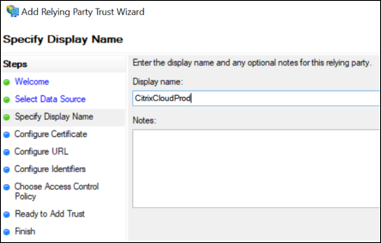 ADFS Trust Wizard with display name entered