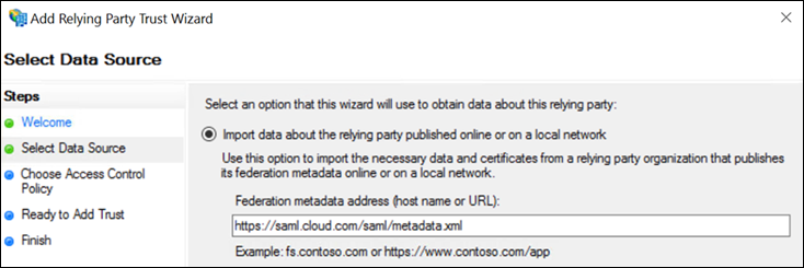 ADFS Trust Wizard with federation metadata address entered