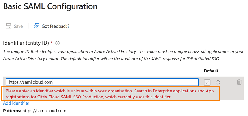 Entity ID in Azure AD console with error text highlighted