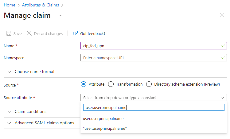 Manage Claims screen with UPN value