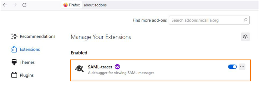Firefoxブラウザーの拡張機能リスト（SAML-tracerを強調表示）