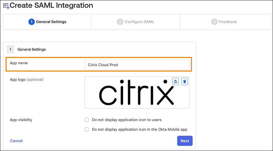 Create SAML integration configuration screen with app name field highlighted