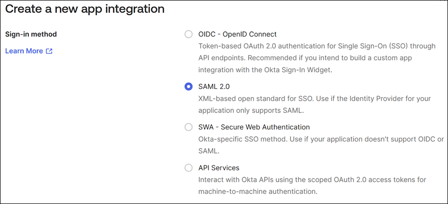 Okta console with SAML selected as the sigh-in method