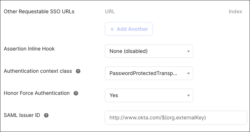 Advanced settings in Okta console with default values