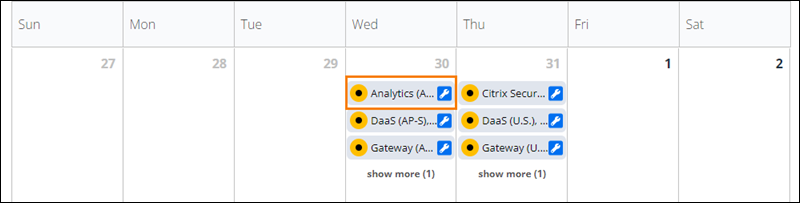 Service health calendar view with entries highlighted