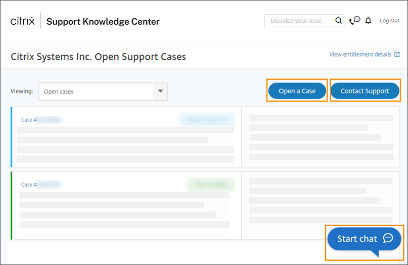 Simplified Support Center home page with contact buttons highlighted