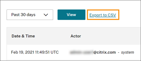 Registro del sistema con el enlace Exportar en CSV resaltado