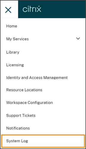 Citrix Cloud menu with System Log highlighted