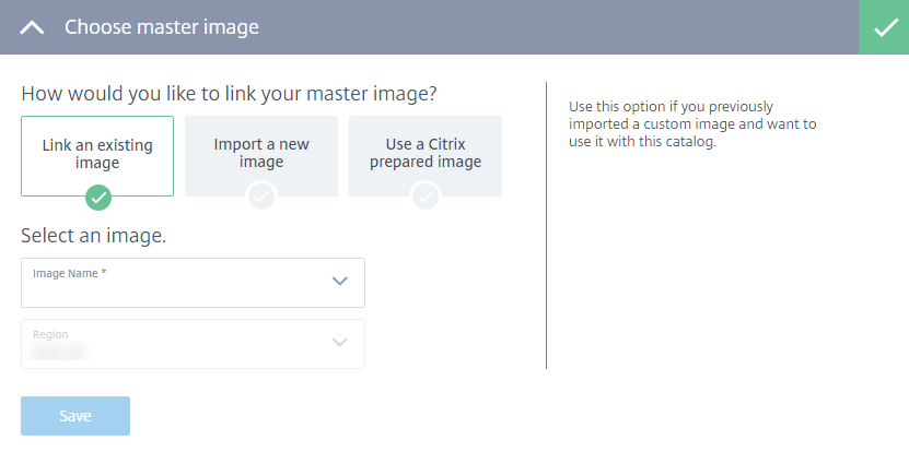 Virtual Apps Essentials choose a master image page