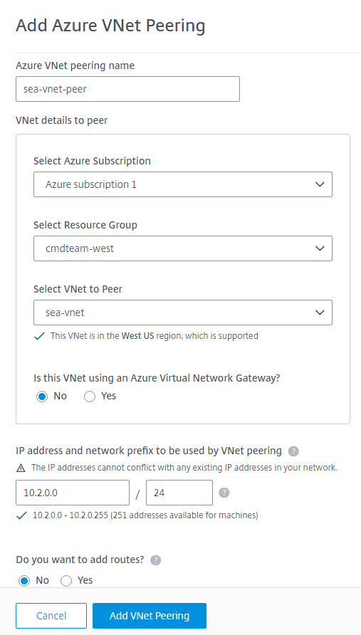 VNet peering connection creation fields