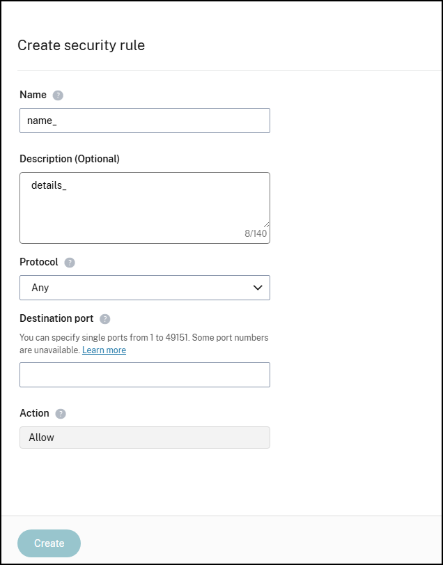 Create security rule dialog
