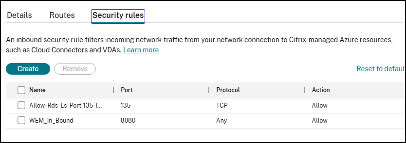 Security rules tab on a network connection