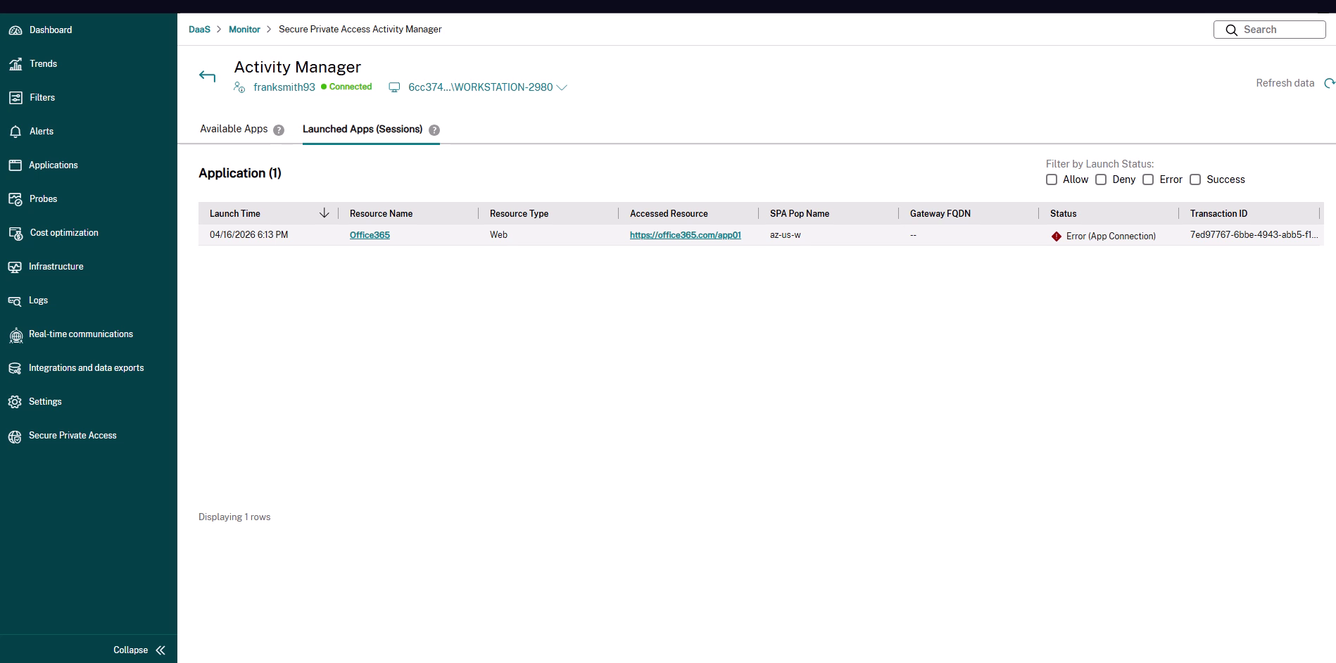 Activity Manager showing an app with an App Connection error