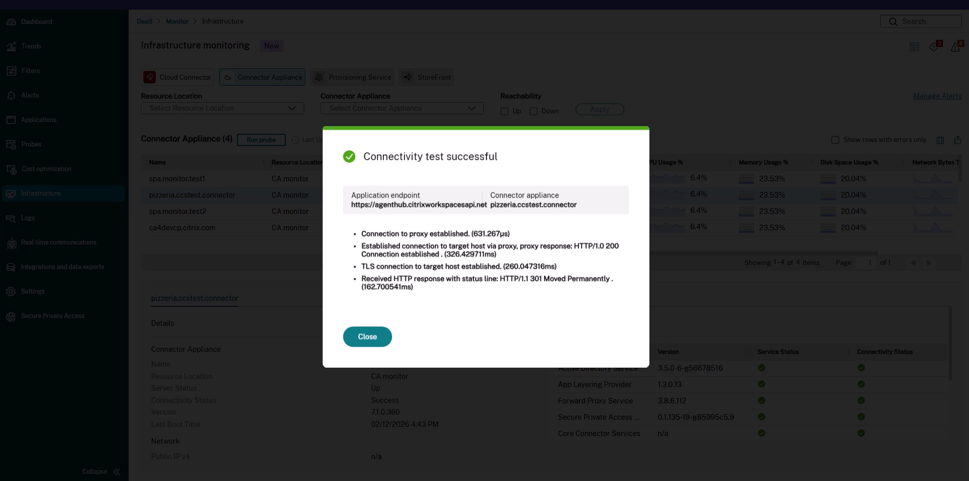 Successful connectivity test result through a proxy