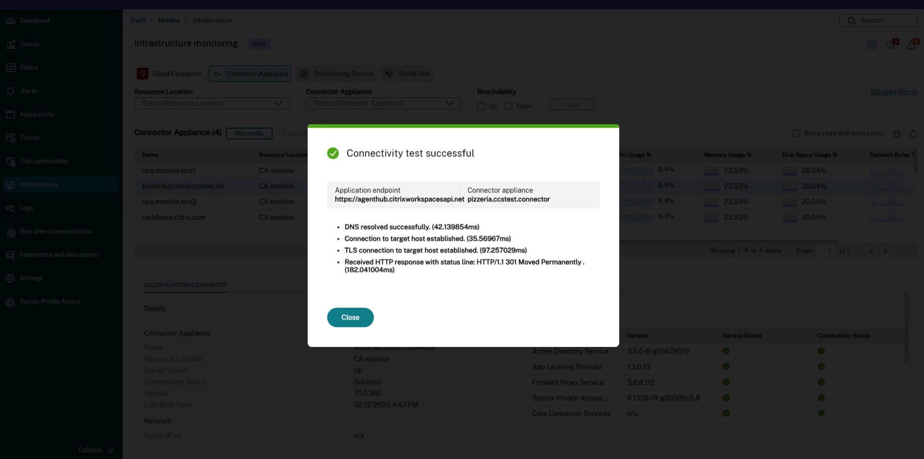 Successful connectivity test result