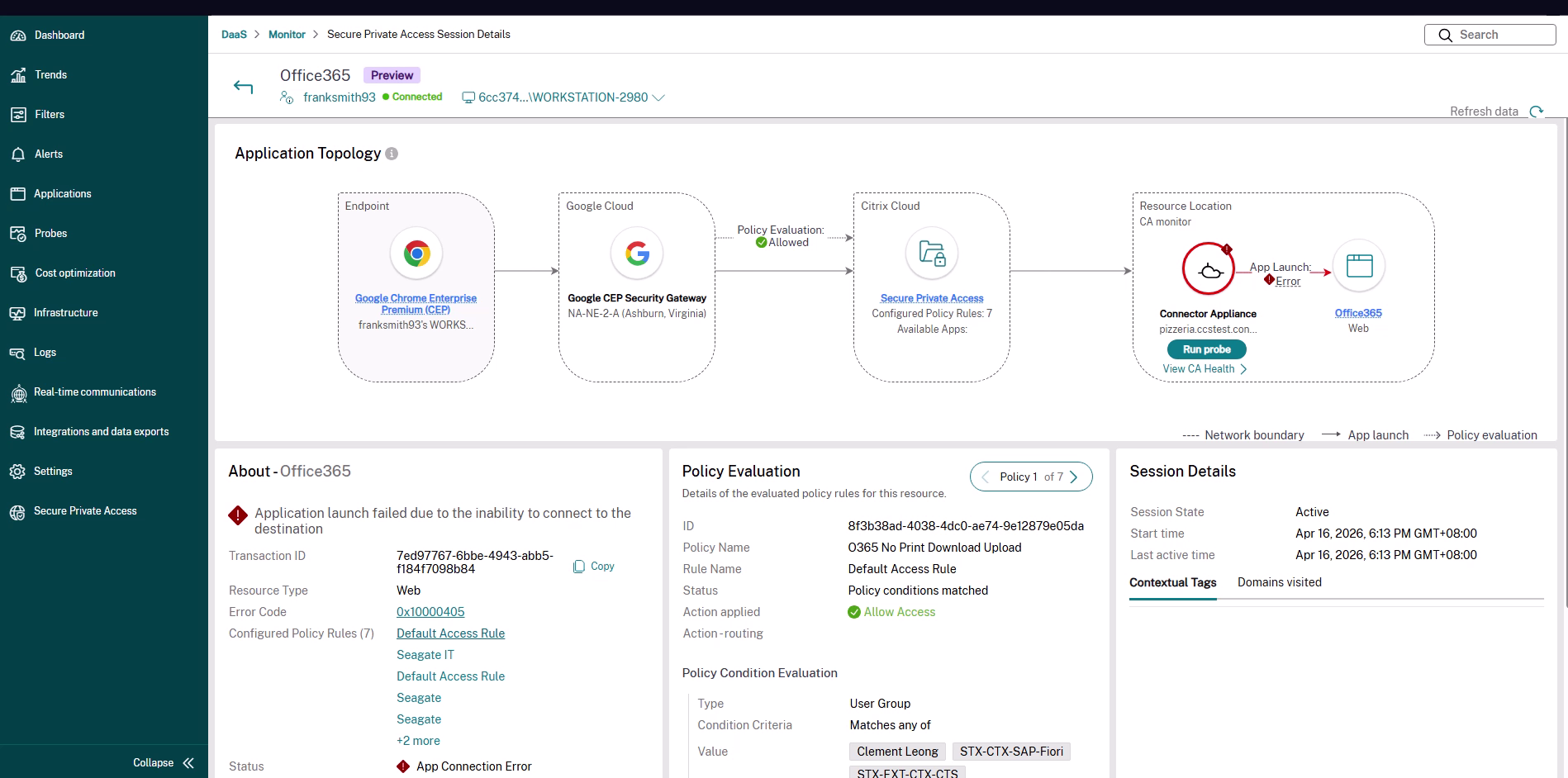 Application Topology with an App Launch Error and the Run probe button