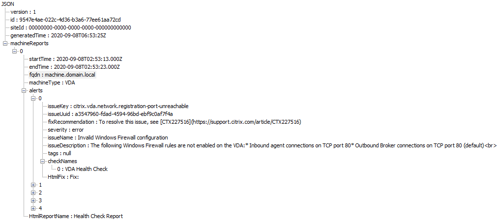 Captura de pantalla del informe JSON