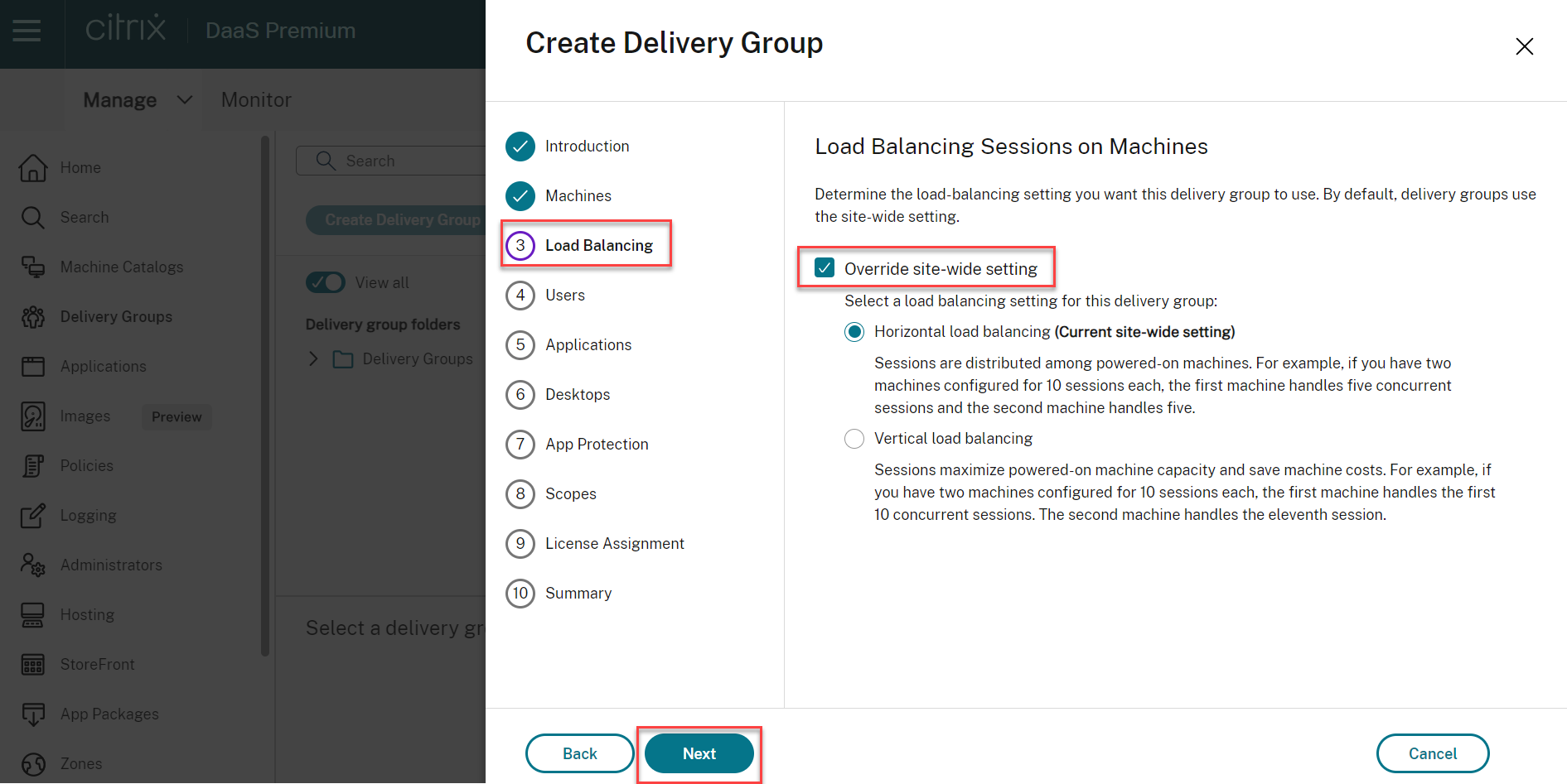 load balancing settings while creating a delivery group