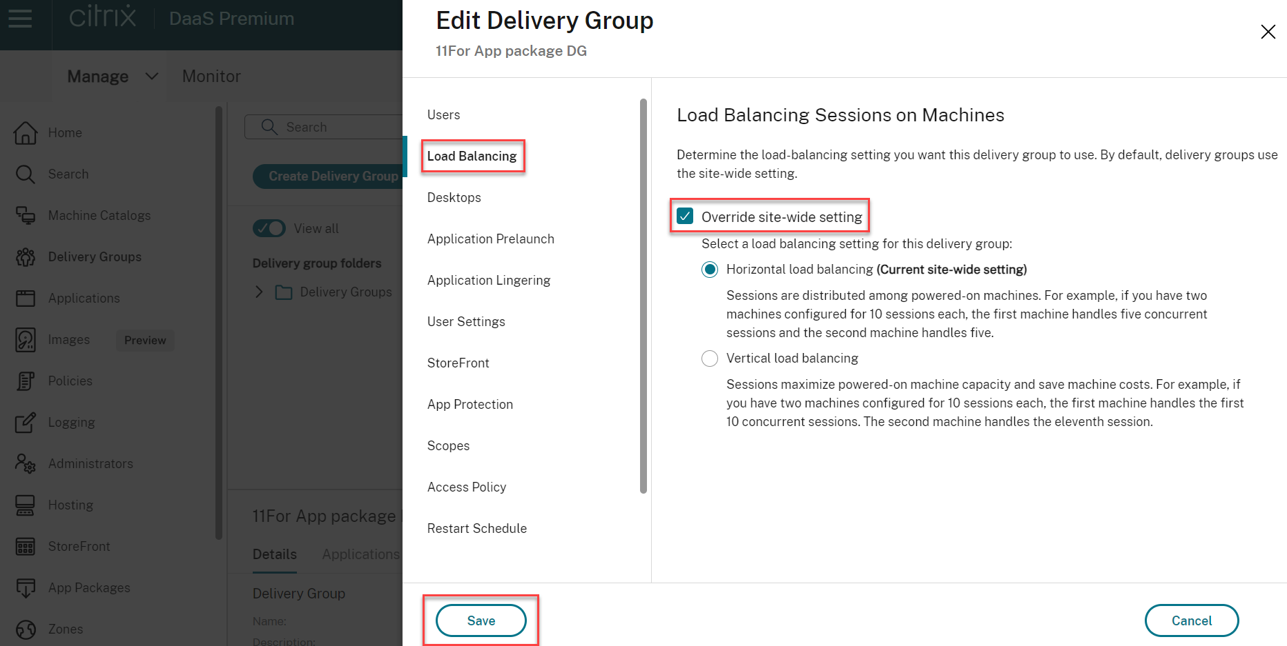 load balancing settings while editing a delivery group