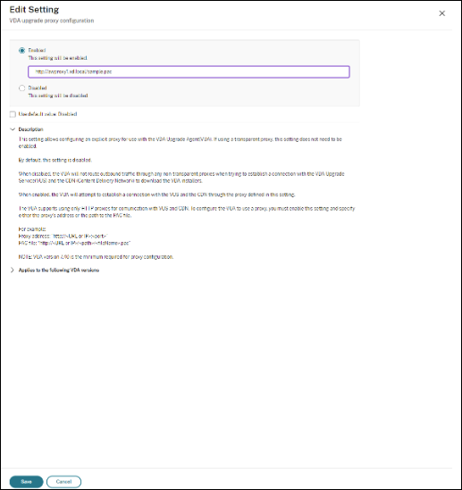 Configurazione proxy di aggiornamento VDA in Web Studio 2